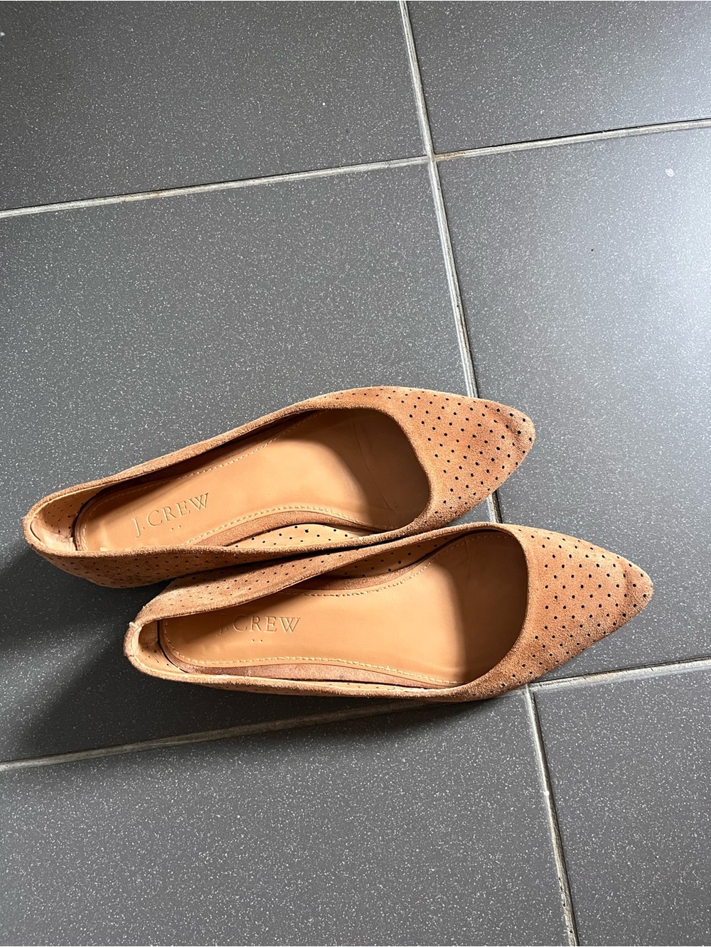J. Crew Perforated Pointed Suede Flats in Tan